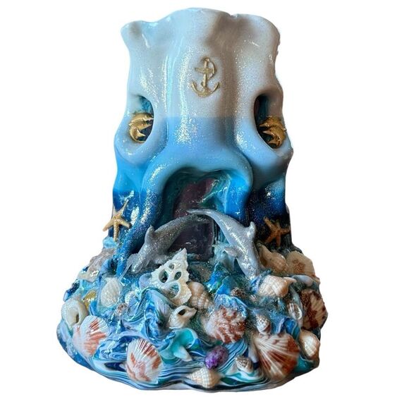 Candies Creations Oceanic Nautical Blue Carved Candle With Seashells Dolphins - Picture 1 of 15